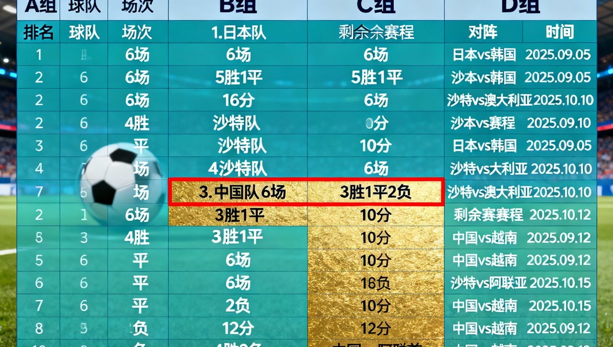 2026年美加墨世界杯亚洲区预选赛出线形势分析图，展示各小组积分排名与剩余赛程，中国队出线路径以高亮标注